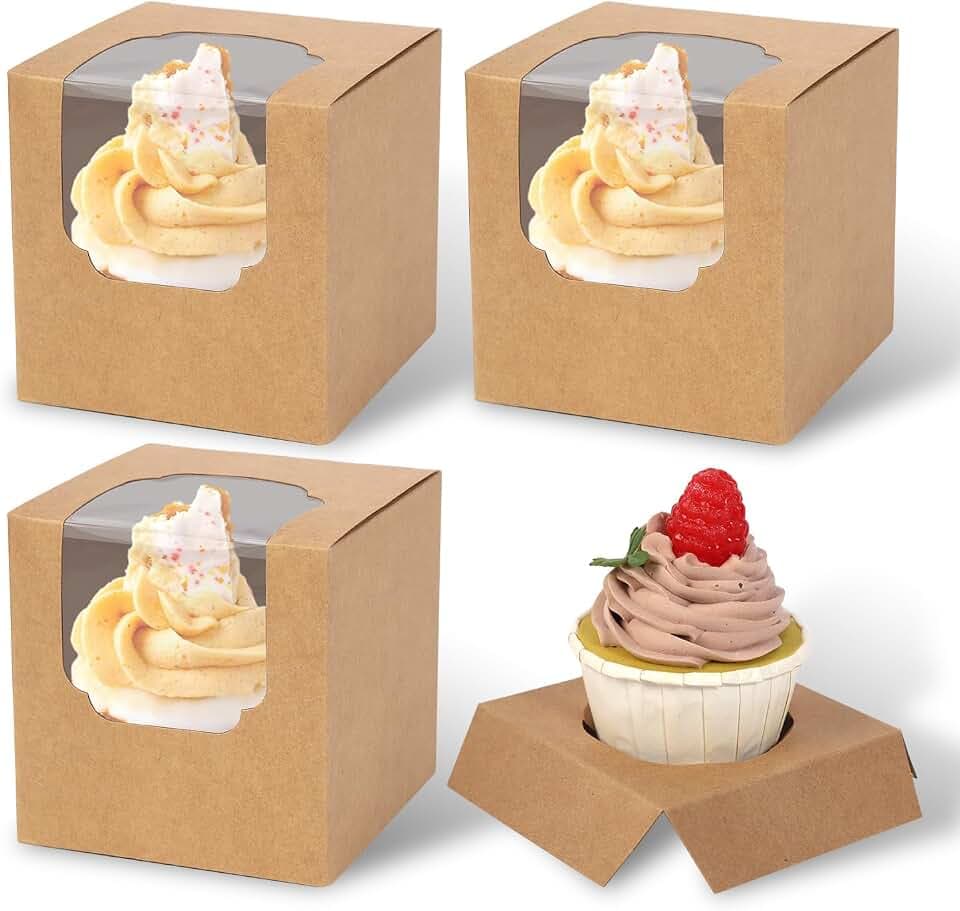 JCD 70 Packs 3.5" x 3.5" x 3.5"Pop up Cookie Boxes Kraft Brown Cupcake Individual Bulk Paper Cupcake Containers Single with Insert and Window,Cocoa Bombs Box for Bakery Gift (Brown/70Pcs)