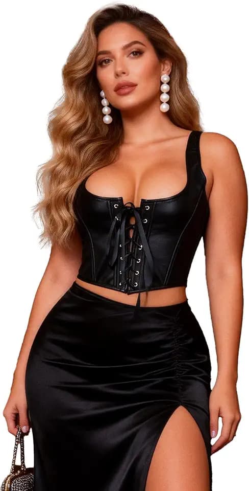 Corset Top Damen Pu Leder Sexy Top Korsett Schwarz Corsage