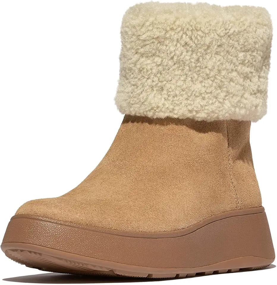 Fitflop Damen F-Mode Shearling-Collar Zip-up Suede Ankle BootsStiefelette