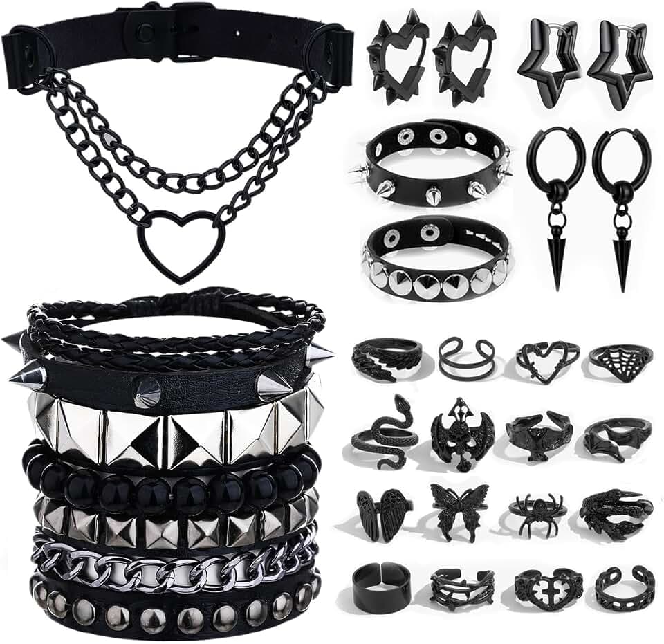 26 Pcs Gothic Punk Jewelry Set for Women & Men - Y2K Emo Goth Grunge Accessories Kit with Leather Studded Bracelets, Heart Chain Chokers, Black Earrings & Vintage Rings | Rock Outfit Gift