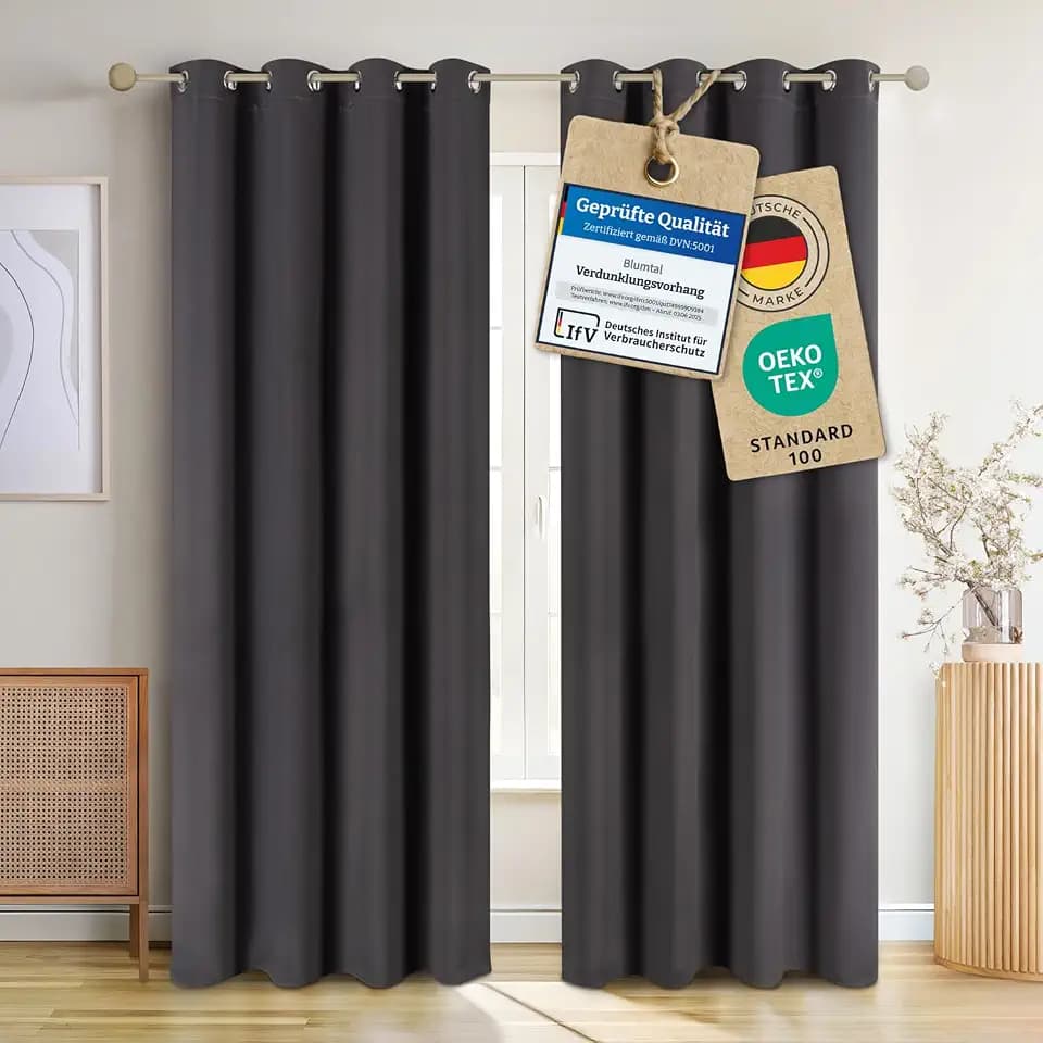 Blumtal Verdunklungsvorhänge 2er Set - Thermovorhang Hitzeschutz - Vorhang Blickdicht mit Ösen - Gardinenschals mit Schlaufen - Thermogardine - Gardinen 215x132cm - Thermovorhang mit Ösen - Anthrazit