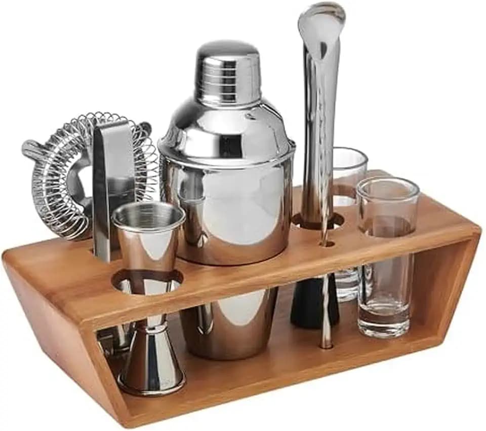 Mikasa Glenwood Mixology 8 Piece Cocktail Shaker Bartender Stainless Steel with Acacia Wood Stand Bartool Set