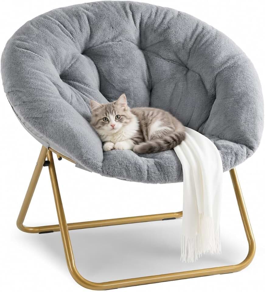 HealSmart Saucer Chair, Comfy Faux Fur Chair for Bedroom, Saucer Chairs for Adults, Teens, Round Shaped Moon Chair with Foldable Metal Frame, Grey
