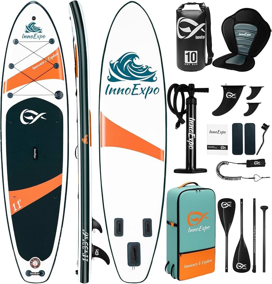 InnoExpo Aufblasbare Stand-Up-Paddle-Boards mit Premium-Zubehör, breites, stabiles SUP-Paddelboard-Design, rutschfestes Komfort-Deck für Jugendliche und Erwachsene