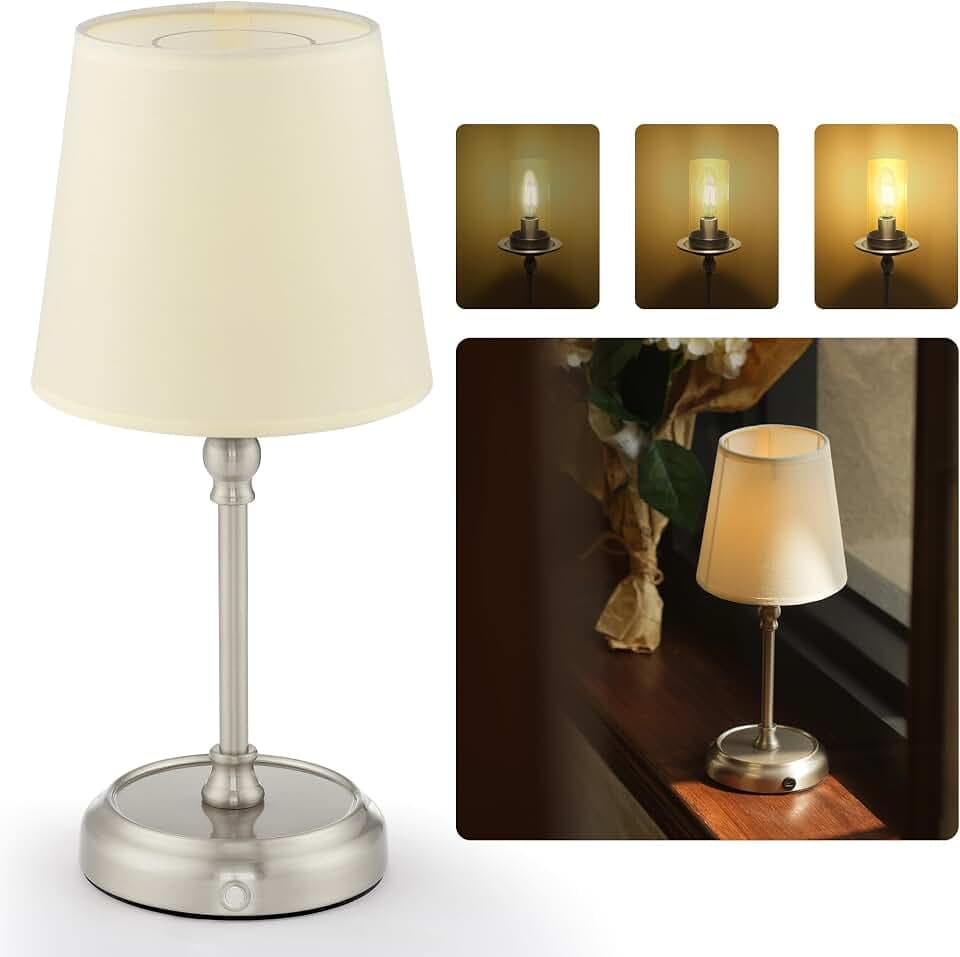 Bettlampen Akku Kabellose Tischlampen 5200mAh für Wohnzimmer mit Inklusive Glühbirne Dimmbare Tischleuchte 3-in-1 Lampenschirm für Schlafzimmer Esszimmer Home Dekor Silber