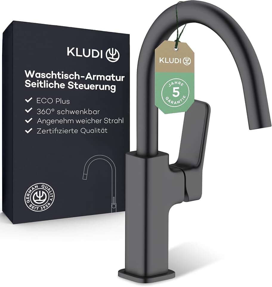 KLUDI-X3 Waschtischarmatur, 360° schwenkbar, Auslaufhöhe 180 mm, wassersparender Wasserhahn Bad Schwarz Matt Größe L, Mischbatterie Waschbecken inkl. Anschlussschläuche