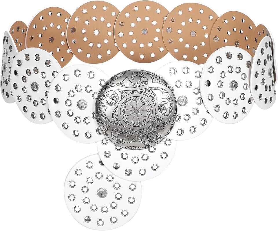 LEACOOLKEY Breiter Concho-Ledergürtel für Damen, Westerngürtel, Westerngürtel, Boho-Disk-Concho-Gürtel für Kleid