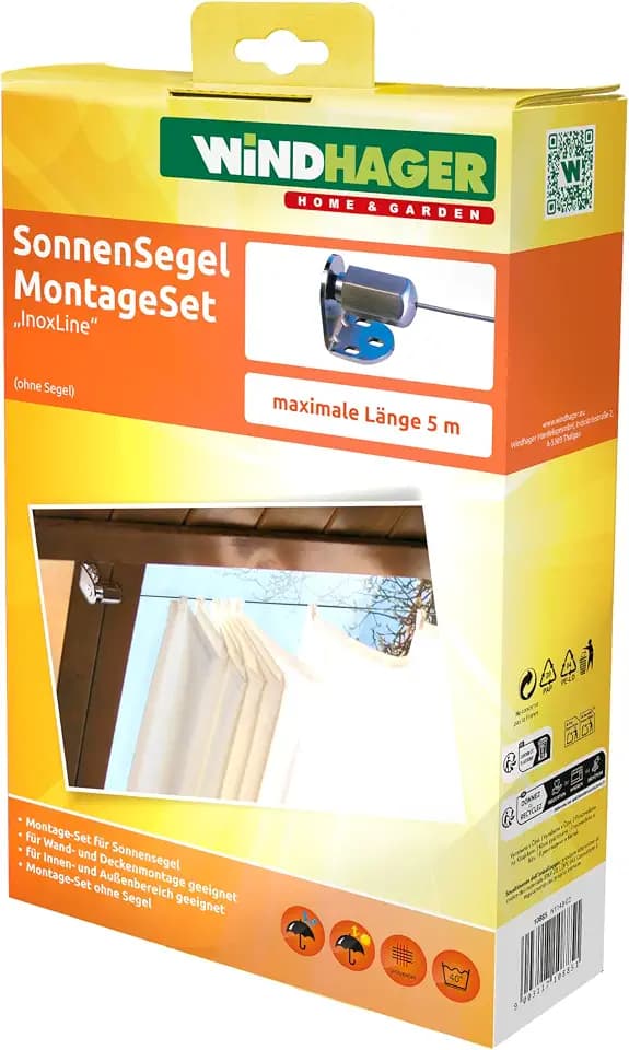 Windhager Montageset Seilspannmarkise Edelstahl InoxLine Silber, Befestigungsset aus Metall für Wand- und Deckenmontage, wetterfest und rostfrei, für Spannweiten bis 5 m, komplett für Montage, 10885