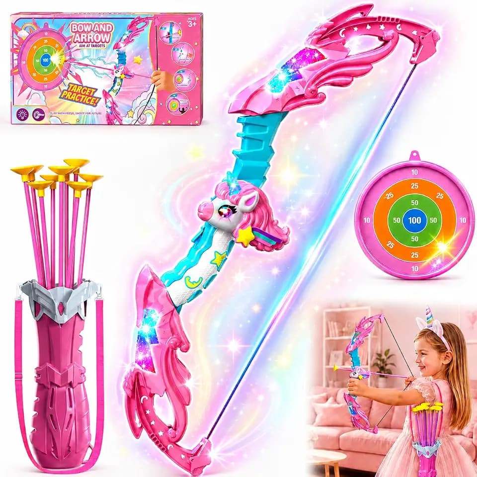 Unicorn Toys for Girls Age 4-6, Bow and Arrow Set LED Light Up with 10 Pink Suction Cup Arrows, Target & Quivers, Christmas Birthday Gift for 3 4 5 6 7 8 9 10 Year Old Girl