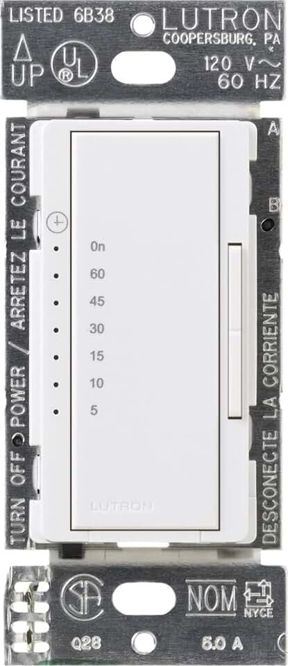Lutron Maestro Countdown Timer Switch for Fans and Lights, Timer Switch for Lights, 3A/150-Watt LED Bulbs, Single-Pole/Multi-Location, MA-T51MN-WH, White