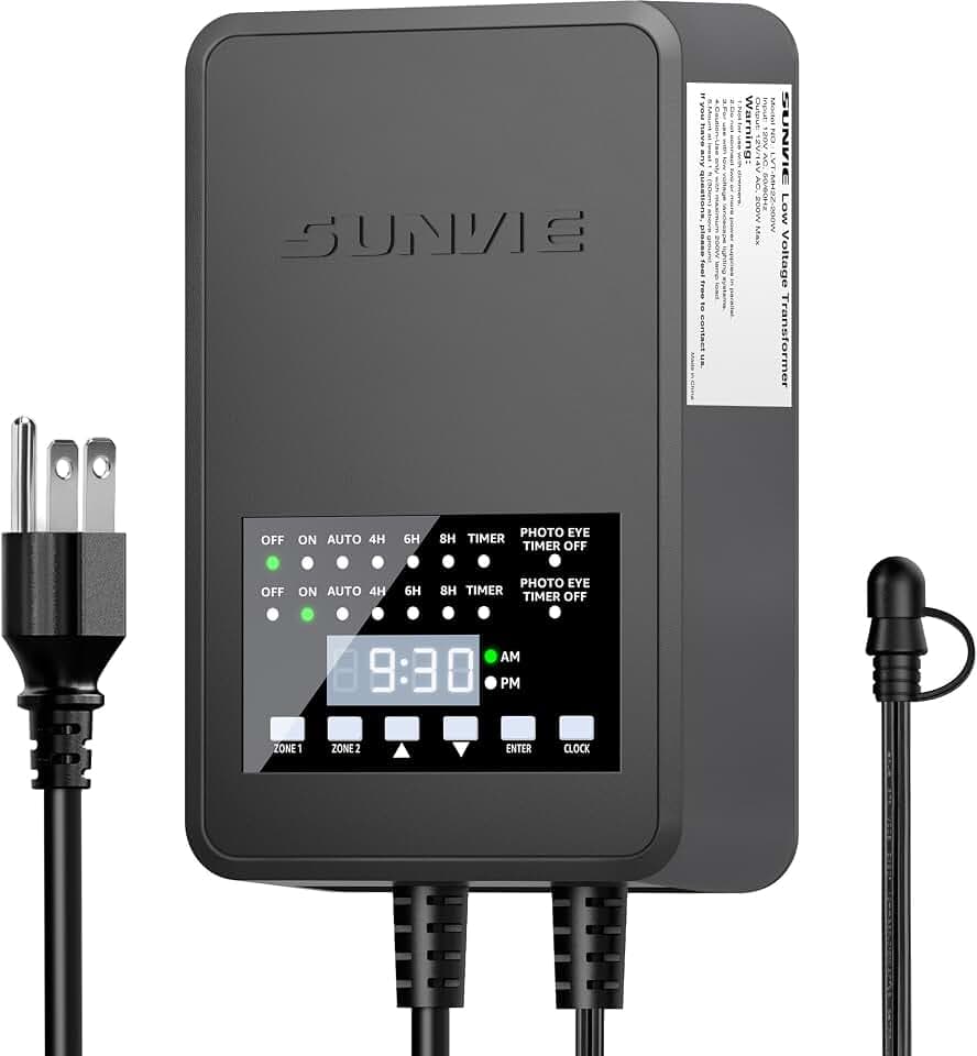SUNVIE 200W Low Voltage Landscape Transformer with 2 Independent Control Output Landscape Lighting Transformer with Timer and Photocell Sensor 120V AC to 12/14V AC Weatherproof Low Voltage Transformer