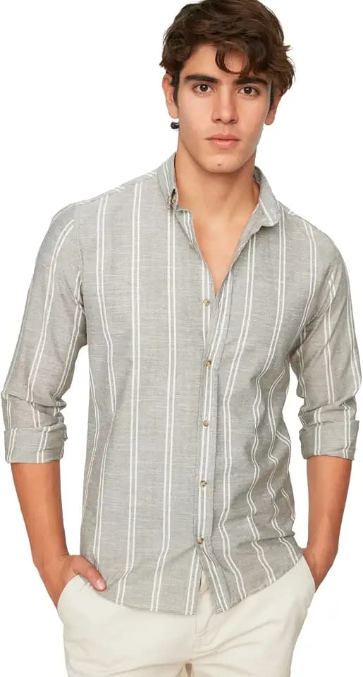 TRENDYOL Herren Slim Fit Button Kragen Dünnes Gestreiftes Hemd Shirt
