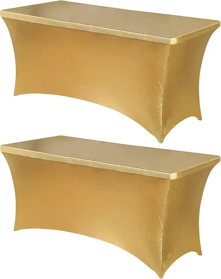 Obstal 6ft Stretch Spandex Table Cover for Standard Folding Tables - Universal Rectangular Fitted Tablecloth Protector for Wedding, Banquet and Party, 72L x 30W x 30H Inches, Stamping Gold, 2pc
