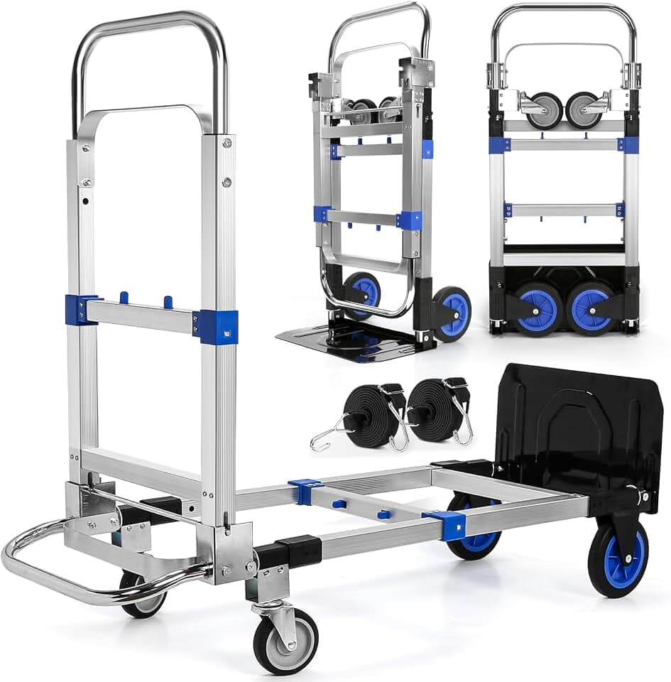 Upgraded 3 in 1 Aluminum Folding Hand Truck, 600 lbs Convertible Heavy Duty Dolly Cart, Collapsible Hand Trucks with 4 Rubber Wheels and Retractable Handle for Home, Warehouse, Supermarket(Blue)