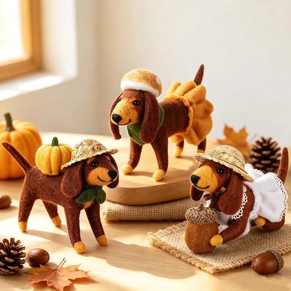 Set of 3 Fall Felt Dachshund Ornaments, Handmade Wool Wiener Dog