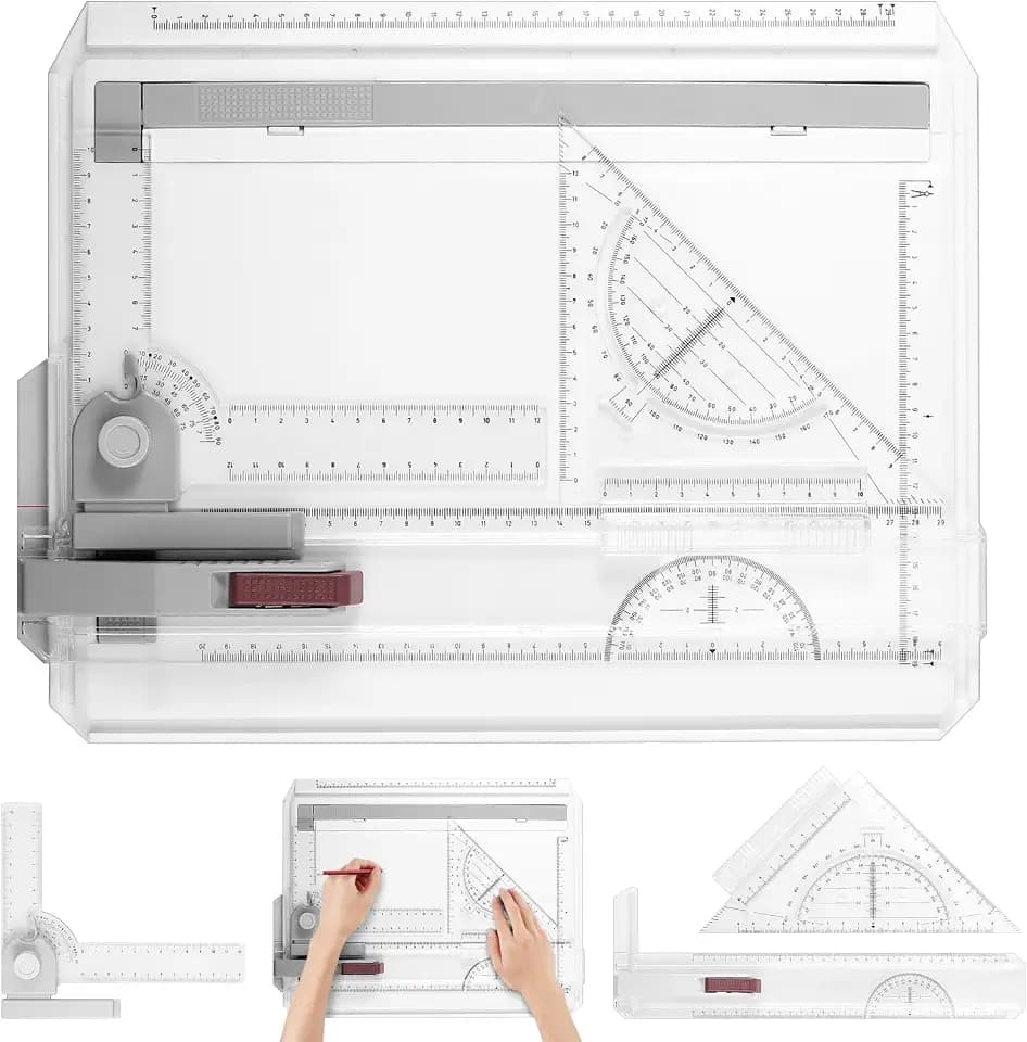 eSynic Zeichenplatte DIN A4 mit Parallel-Lineal und L-System | Professionelles Zeichenbrett mit Schnellzeichendreieck, komplettes Zeichenset für Studenten, Architekten und Designer