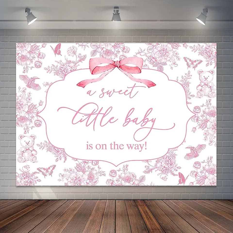 Pink Bow Girl Baby Shower Backdrop Pink Floral Toys Newborn Photography Background Toile De Jouy Baby Shower Party Cake Table Decorations Photo Booth Props (7x5ft)