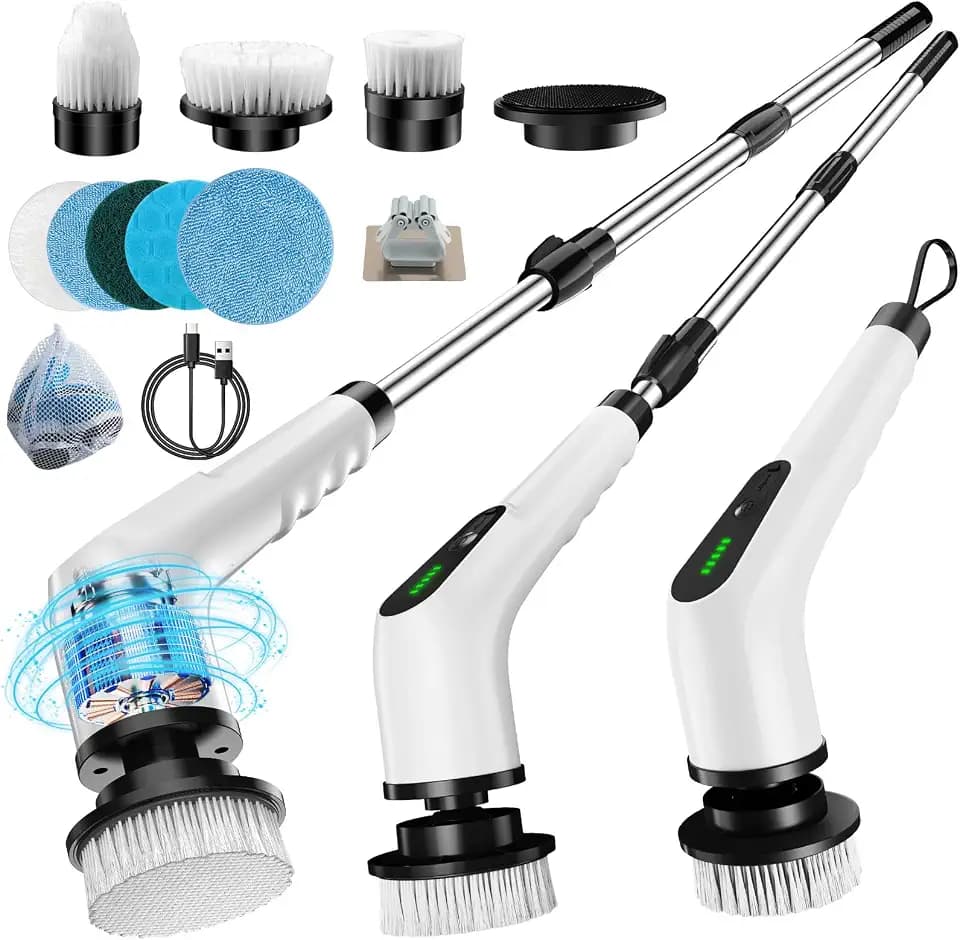 Elektrische Reinigungsbürste 9 in 1 Elektrische Putzbürste mit austauschbaren Bohrbürstenköpfen Electric Cleaning Brush mit Verstellbarem Griff und 3000mAh Akku für Bad/Küche/Auto/Fliesen