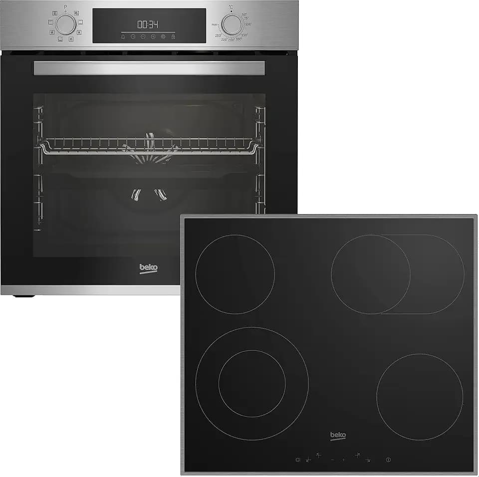 Beko BBSM12320X Einbau-Backofen-Set, zwei autarke Geräte: Glaskeramik-kochfeld mit 4 Kochzonen, Backofen mit 8 Heizarten, 72 l Garraum-Volumen, AeroPerfect, Sensortasten, Schwarz/Edelstahl