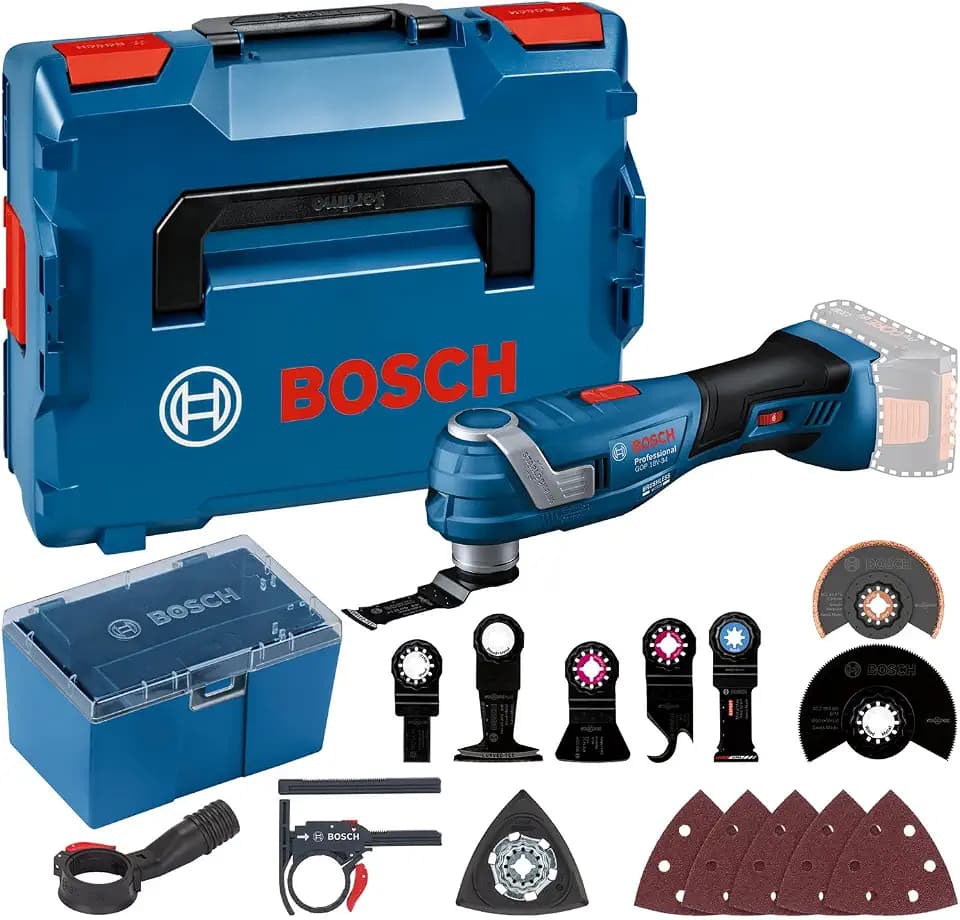 Bosch Professional 18V System Akku Multi-Cutter GOP 18V-34 (Vibration Control, inkl. mehrere Sägeblätter, 1x Schleifplatte, 5x Schleifblatt, 5x Zubehör, L-BOXX, ohne Akku/ Ladegerät)