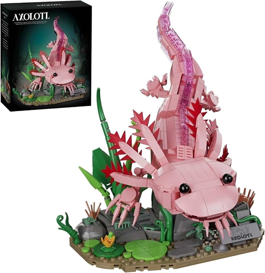 Axolotl Bausteine Bausatz für Erwachsene, Rosa Axolotl Modell mit Sockel