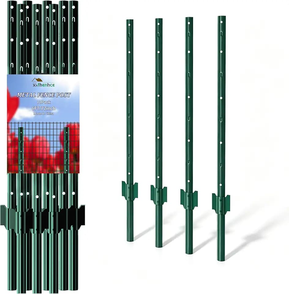 Fence Post Metal Material No Dig Hole 10pcs/Pack 6ft Height,Green Powder Painted Heavy Duty T Post for Garden Stakes Fencing,Double Layer Protection U Posts for Temporary Fencing,Farm Yard Outdoor