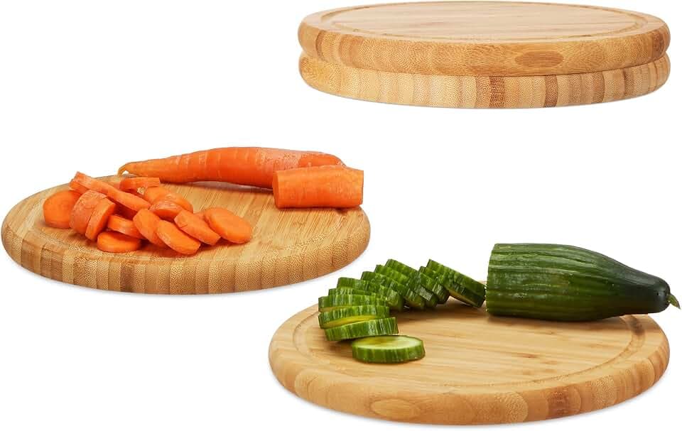Relaxdays Frühstücksbrettchen rund im Set, Bambus, 30 cm, Küchenbrett, pflegeleicht, natürlich, messerschonend, natur