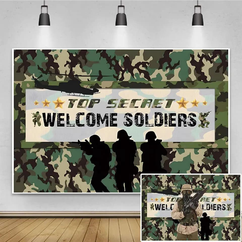 Renaiss 7x5ft Fabric Army Soldier Backdrop Welcome Soldiers Camouflage Photography Background Gold Stars Top Secret Military Helicopter Boot Camp Banner Kids Patriotic Birthday Party Decor Photo Props