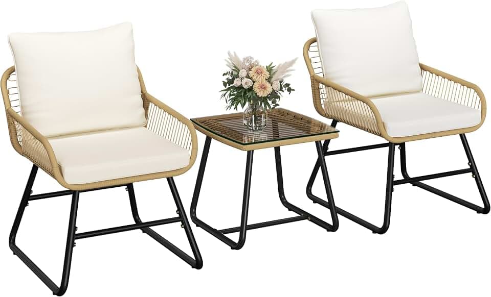 Yaheetech 3-teiliges Poly-Rattan Bistroset Bistrotisch mit 2 Stühlen Gartenmöbel Set Balkonmöbel Kleiner Balkon Lounge Möbel Outdoor, Hellbraun & Cremeweiß
