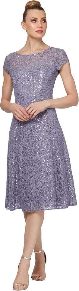 S.L. Fashions Women's Sequined Lace Midi Dress (Petite and Regular Sizes)