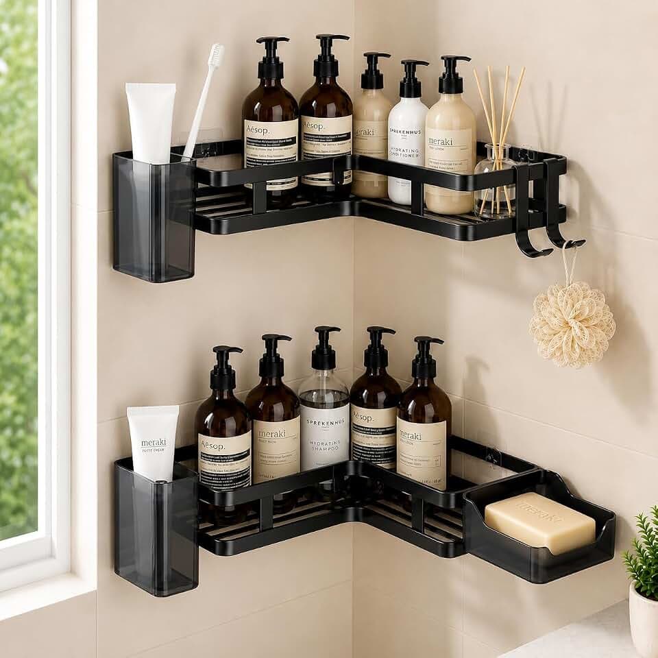 Corner Shower Caddy for 90° Corners only, L-Shaped Adhesive Shower Organizer with Rustproof Stainless Steel Shower Shelves, No-Drill Bathroom Organizers and Storage, Black.