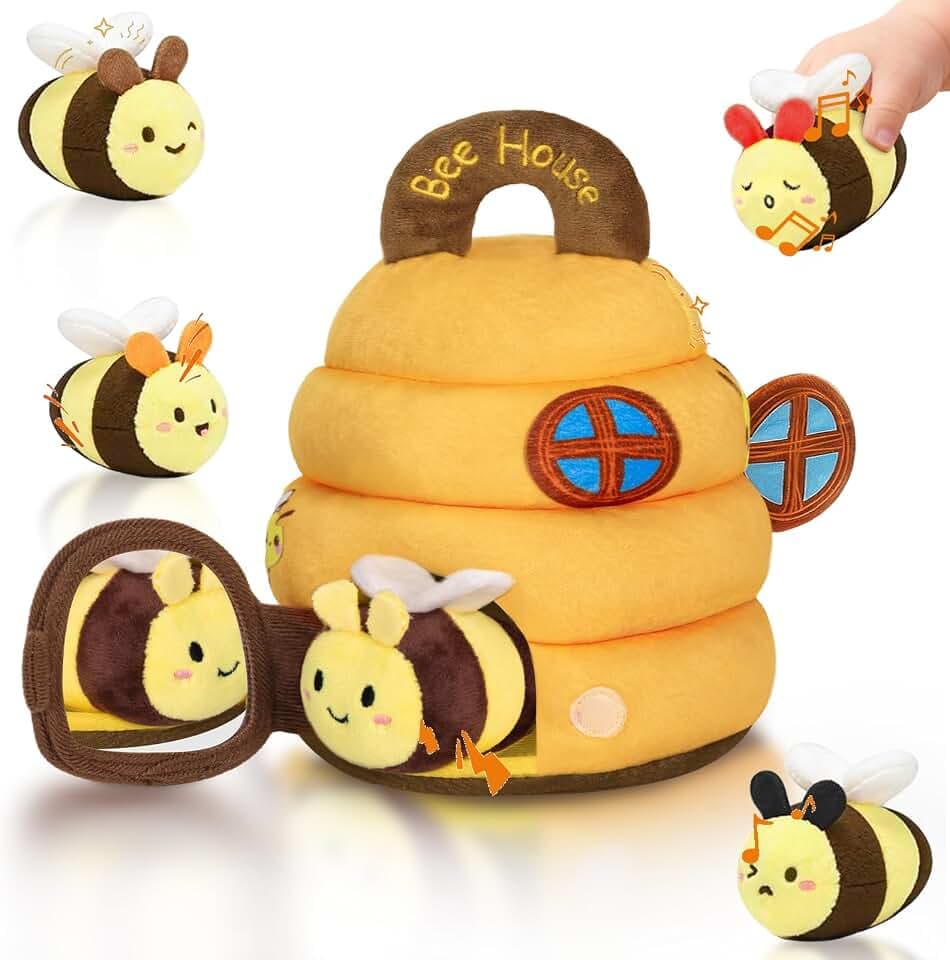 Baby Spielzeug 6-12 Monate,6-in-1 Baby Bienenstock mit 5 Bienen, Montessori Sensorik Spielzeug mit Musik, Rassel, Spiegel, Motorikspielzeug Sensorik Spielzeug Geschenke für Kinder Jungen Mädchen