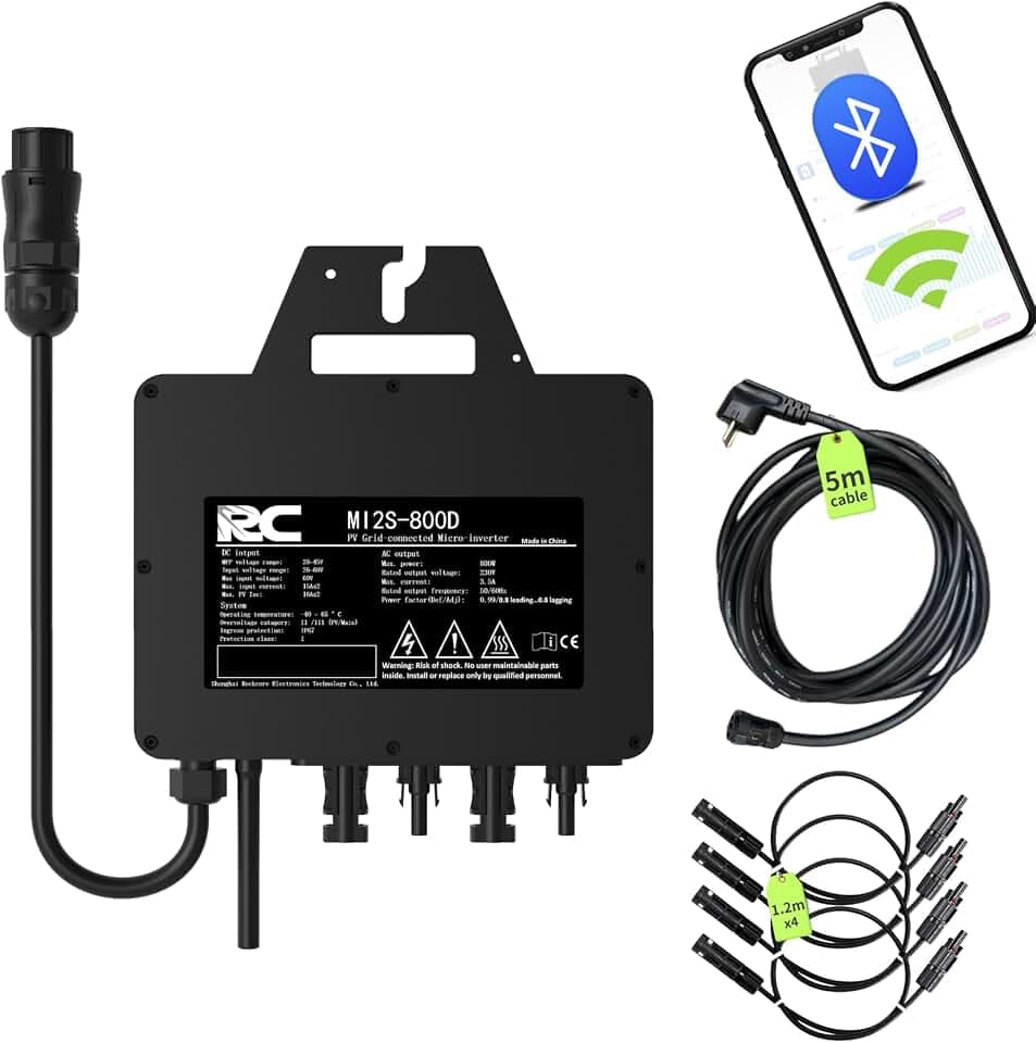 RC Mikro-Wechselrichter 800 W, 26-60V DC Eingang, Solar-Wechselrichter MPPT Mikro-Netzeinspeise-Konverter mit WiFi-Überwachung für Mobiltelefone, Schwarz,0% VAT