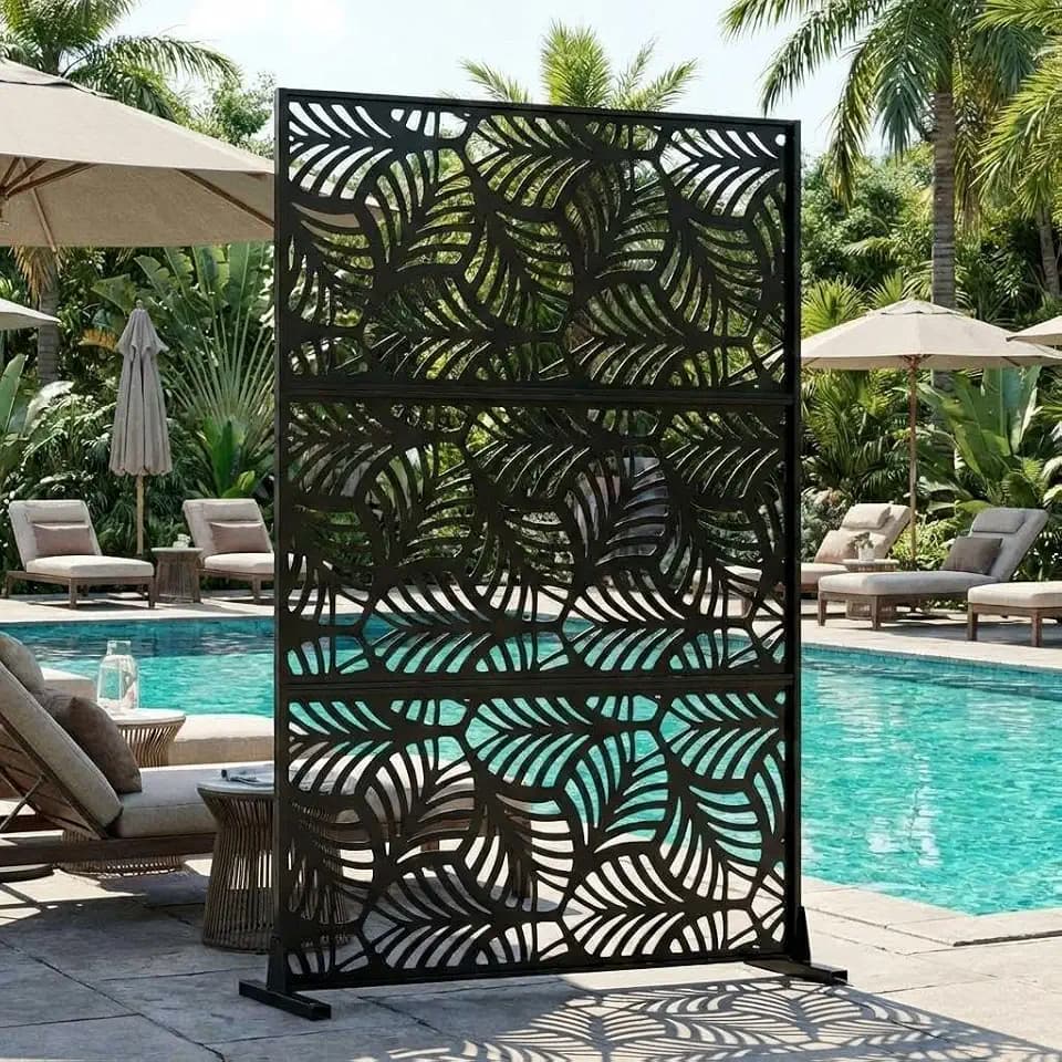 72" h × 47" w Outdoor Privacy Screen, Laser Cut Metal Garden Divider Panel with Tropical Leaf Design, Freestanding Weatherproof Privacy Fence for Patio Deck Backyard Balcony