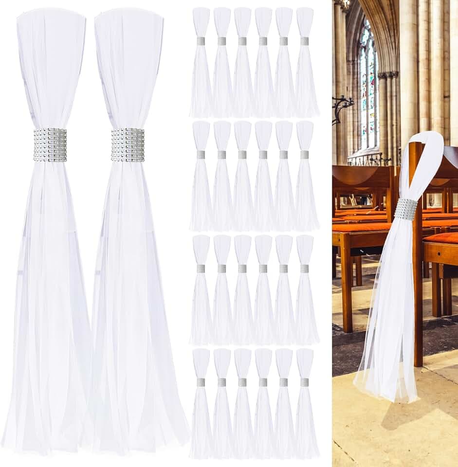 26 Sets Silver Large White Pew Bows Tulle Wedding Aisle Chair Decorations