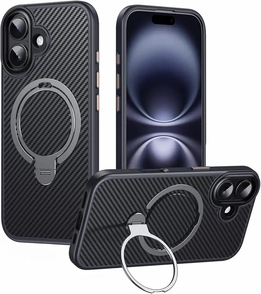 for iPhone 17 Case, Compatible with MagSafe [360° Magnetic Ring Stand] Protective Carbon Fiber Cover for iPhone 17 - Shockproof, Camera Protection, Anti-Scratch Back, Grey