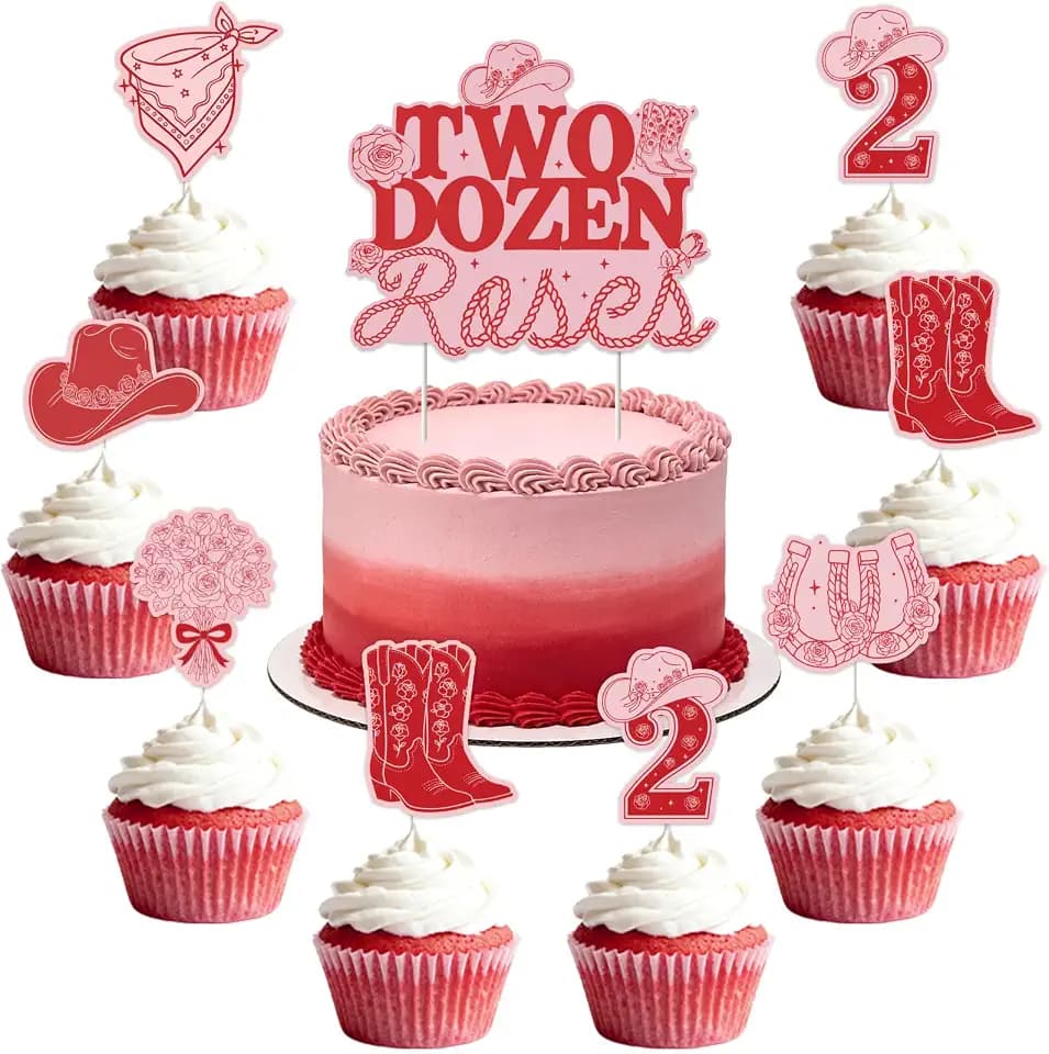 Two Dozen Roses Cake Toppers 25pcs for Girl 2nd Birthday Party, Pink Red Western Theme Double-Sided Cupcake and Cake Decorations Set