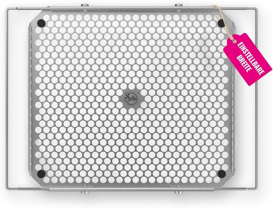 Sallys Premium Backblech V3 - Ausziehbares Edelstahl Backblech 39–46 cm - Perforiertes Lochblech für gleichmäßiges Backen - Beidseitig nutzbar - bis 230°C