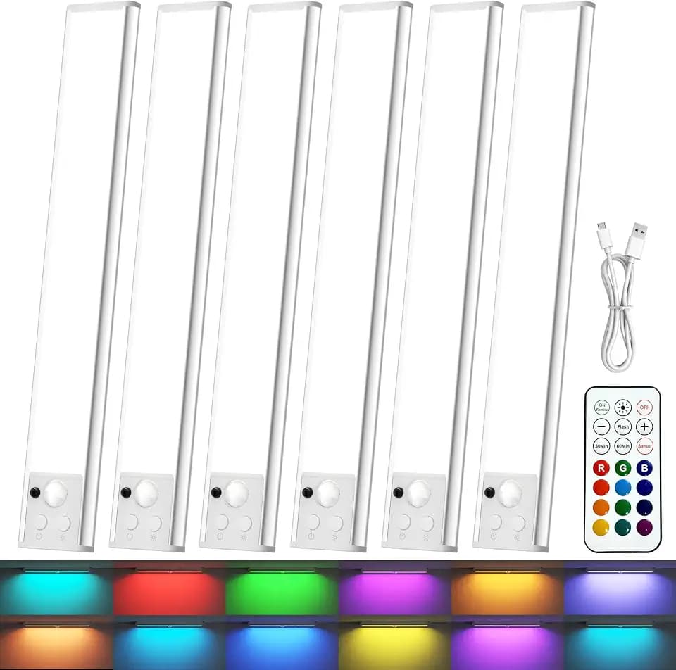 Under Cabinet Lighting Wireless, RGB LED Closet Light Rechargeable, 6 Pack