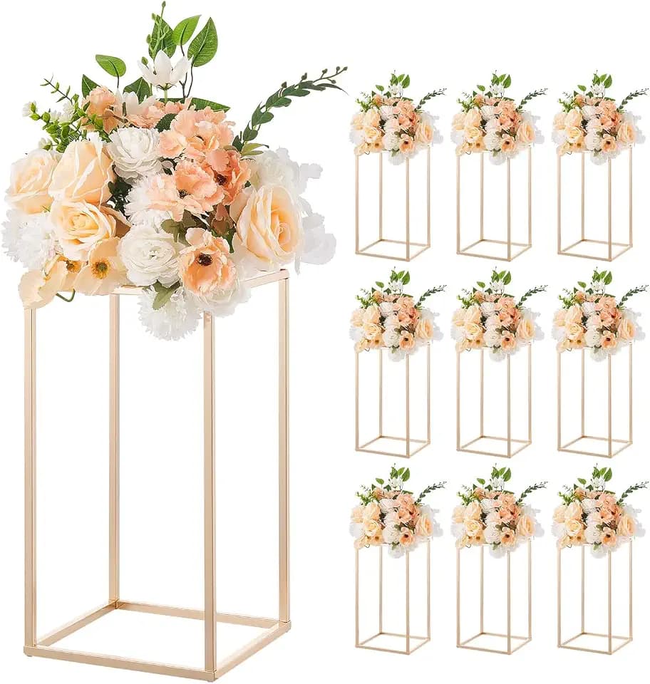 VEVOR Wedding Flower Stand, 10PCS 15.75-inch Column Flower Stand, Floral Stands with Acrylic Laminate, Rectangular Floral Display Rack for Wedding, Party, Birthday, Home, French Gold Centerpiece Stands