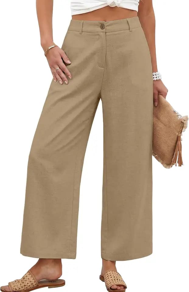 KICZOY Womens Linen Wide Leg Pants Casual Zipper Front Summer Cropped Trousers Dressy Pants with Pockets