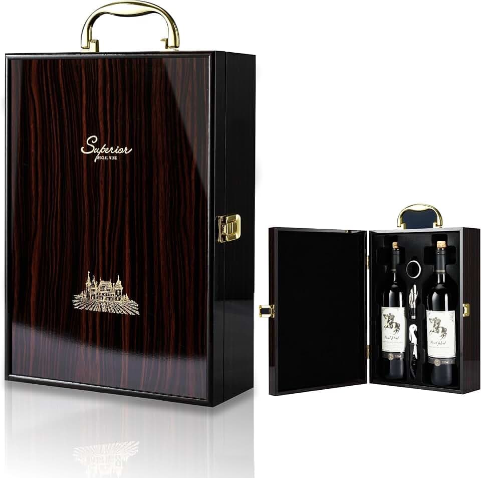 Wine Box, 2 Bottle Top Handle with 3 Accessory Gift for Wedding,Party,Gift,Birthday,Vintage Ebony Wine Storage Box for Home Bar Decor,Handmade Premium Carrier Case