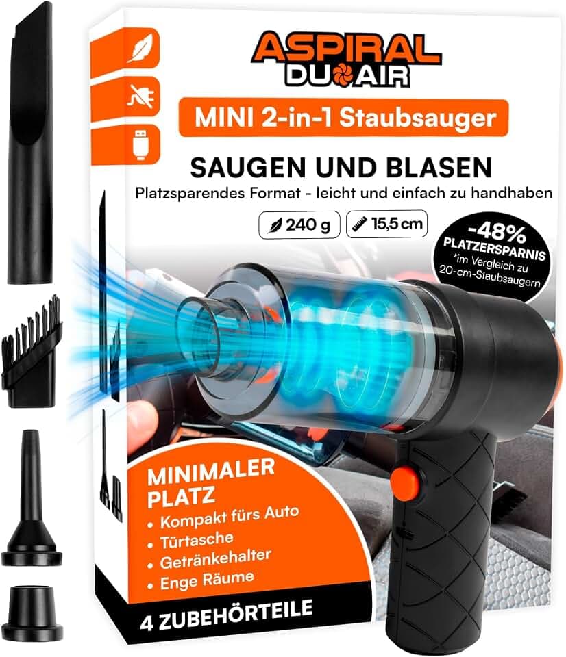 Handstaubsauger für Auto Krümelstaubsauger Haushalt Büro - Aspiral DuoAir 2in1 Mini-Staubsauger und Gebläse mit Schnellladefunktion 4 Zubehörteilen im Lieferumfang enthalten - Maße 14x15,5x5,5cm