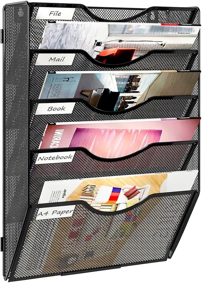 PAG-Mass Hanging Wall File Holder, 5 Tier Mail Sorter for Wall, Mesh Office Wall Organizer for Papers/Folders/Files Clipboard & Magazine, Black
