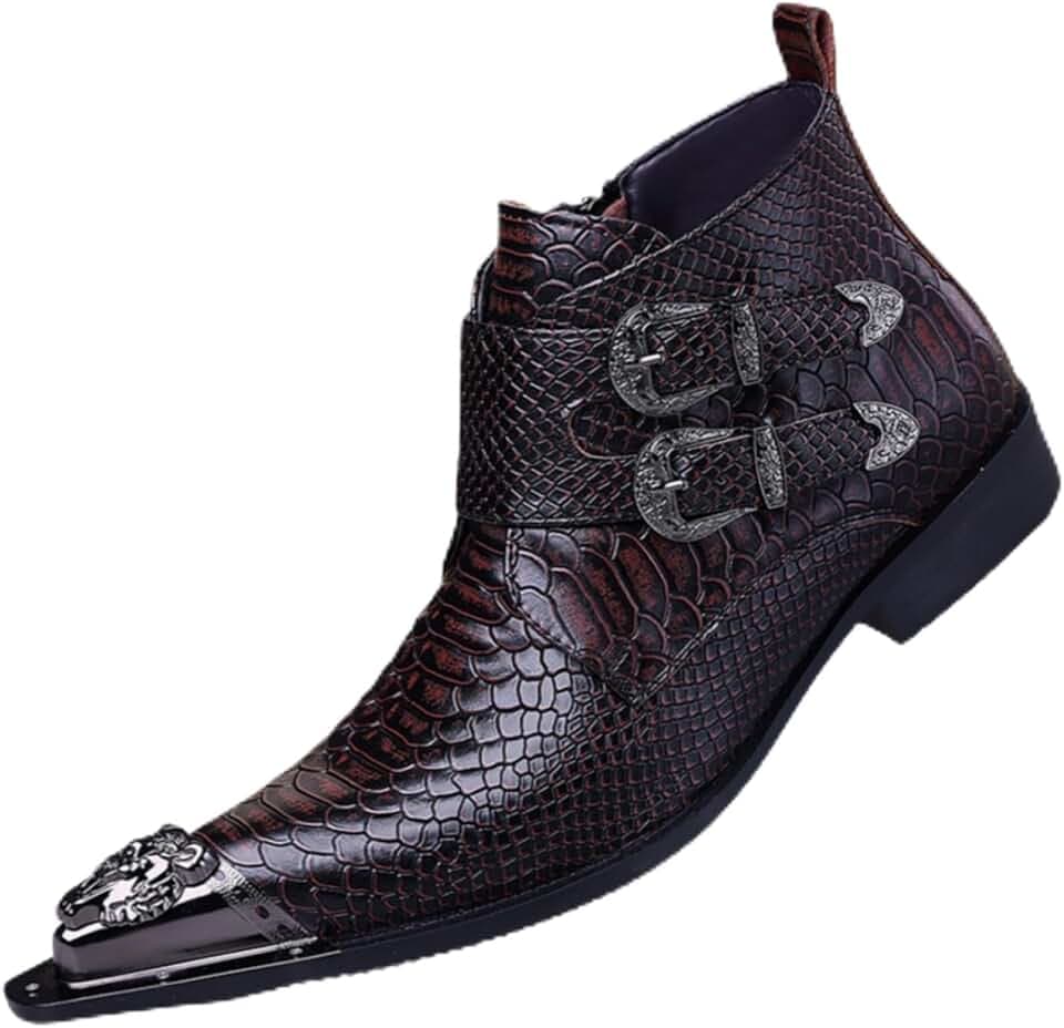 Men's Crocodile Pattern Leather Side Zipper Chelsea Boots Fashion Metallic Embellished Pointed Toe Block Heel Comfortable Non-Slip Business Fit Shoes For Daily Work Events Wedding