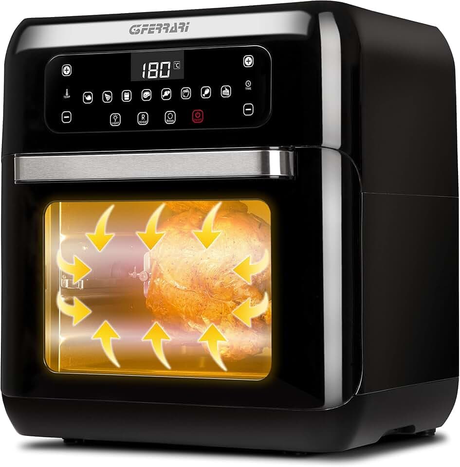 G3 Ferrari G10136 Heißluftfritteuse "Friggisano 2.0", 1500 W, 11 L, 9 Programme, einstellbare Temperatur, Digitaldisplay, Innenbeleuchtung, Rezeptbuch & Zubehör enthalten, Schwarz