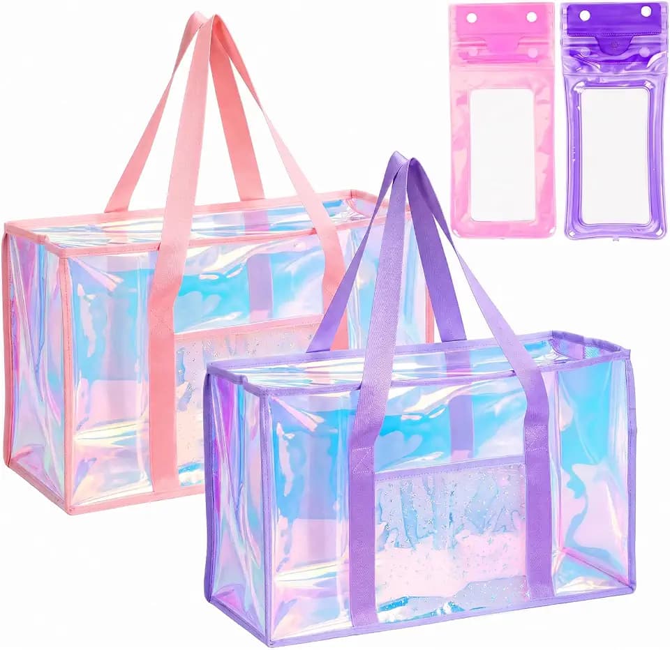 Iridescent Jelly Tote Bag Set for Women, 2 Pack Large Clear Beach Bags with Pink & Purple Phone Pouches