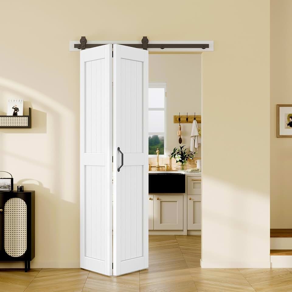 Easelife 48x84in Bifold Barn Door with Hardware Kit, White Sliding Closet Doors 2 Panels with 52'' Track, Waterproof MDF Folding Barn Door for Closet, Laundry Room,Easy Assembly Pre-Drilled