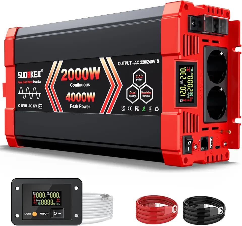 SUDOKEJI 2000W/4000W Wechselrichter Reiner Sinus Spannungswandler 12V auf 230V EU-Steckdose mit LCD Bildschirm und Fernbedienung,USB-Port für Kfz LKW Camping