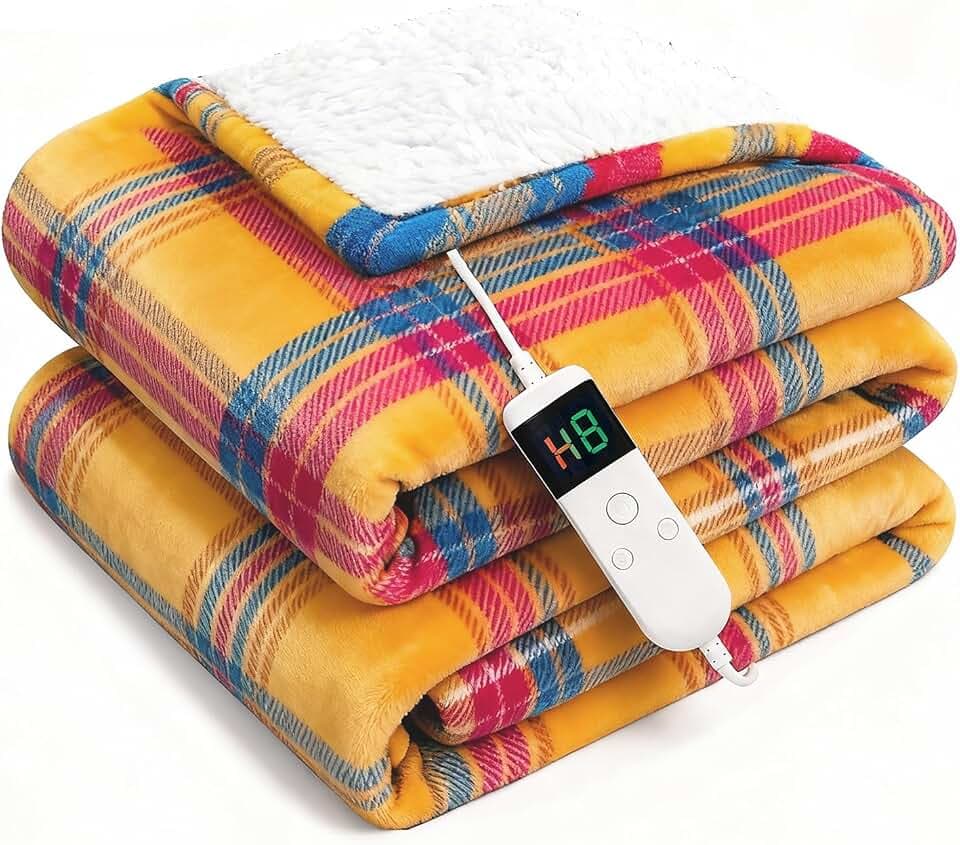 Electric Blanket Heated Throw, Soft Flannel 50"x60" Plaid Heating Blanket with 8 Hours Auto Off 10 Fast Heating Levels Machine Washable Sherpa Heated Blanket with Overheating Protection